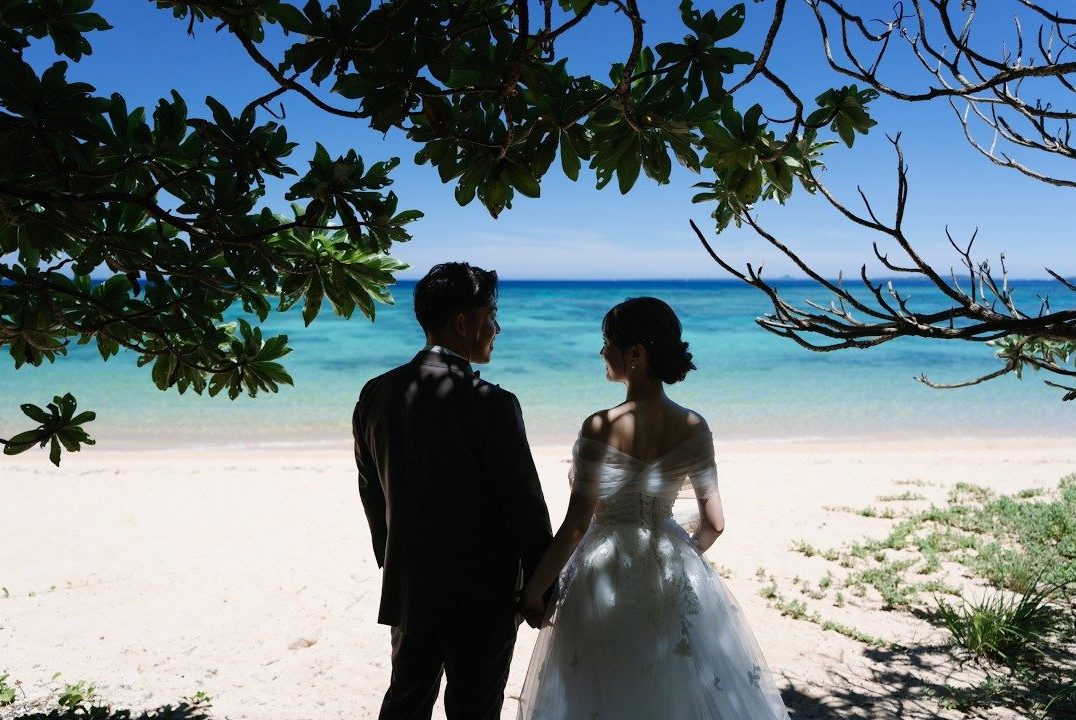 木陰から青い海を眺める新郎新婦の後ろ姿